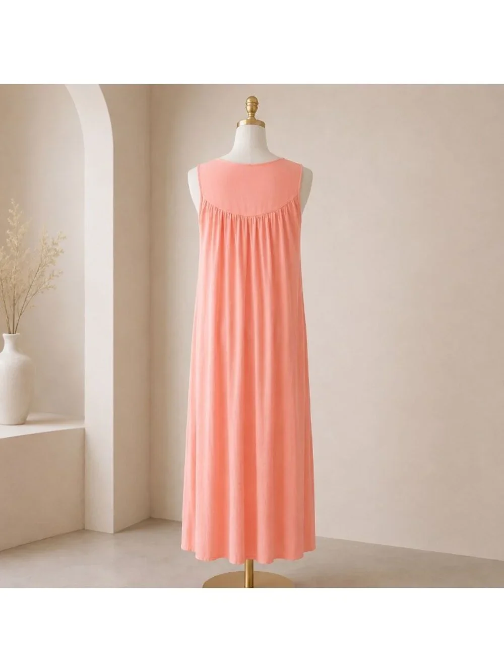 Peach Semi Sheer Maxi Nightgown VTG Size M 60s Floral Embroidered Sleeveless